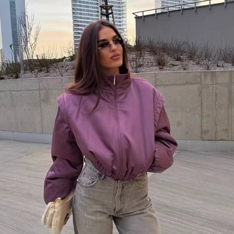 Damen Mode Stehkragen Kurze Bomberjacke Langarm Reißverschluss Einfarbig Polyester Streetwear Puffy Oberbekleidung Mantel
