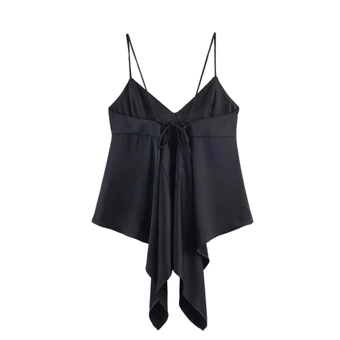 Sexy Women Asymmetric Satin Cami Top V Neck Backless Tie Strap Irregular Hem Solid Black Sleeveless Camisole Party Vest