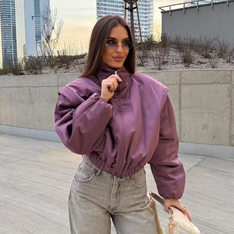 Damen Mode Stehkragen Kurze Bomberjacke Langarm Reißverschluss Einfarbig Polyester Streetwear Puffy Oberbekleidung Mantel