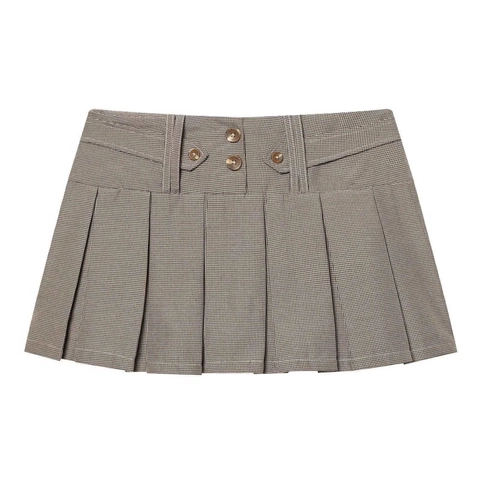 Damen Vintage Braunes Hahnentrittmuster Faltenrock Hohe Taille A-Linie Minirock Mit Knöpfen Preppy Stil Rock Für Den Alltag