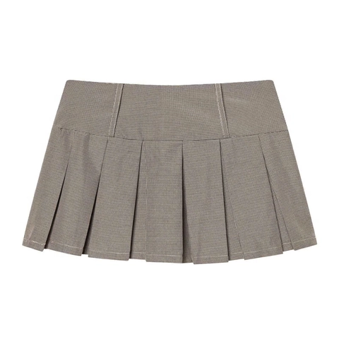 Damen Vintage Braunes Hahnentrittmuster Faltenrock Hohe Taille A-Linie Minirock Mit Knöpfen Preppy Stil Rock Für Den Alltag