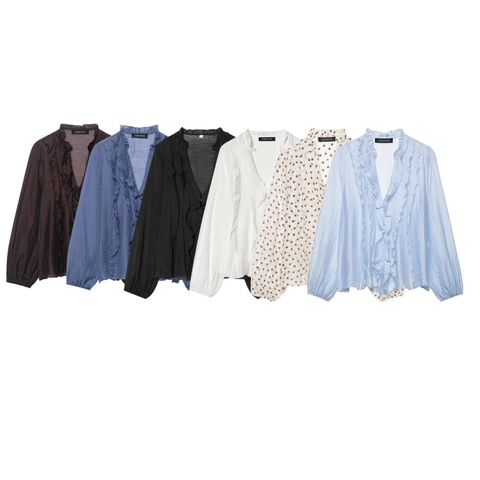 Women's Ruffle V-Neck Lantern Sleeve Blouse Elegant Solid Polka Dot Polyester Shirt Fashion Long Sleeve Top For Office Daily