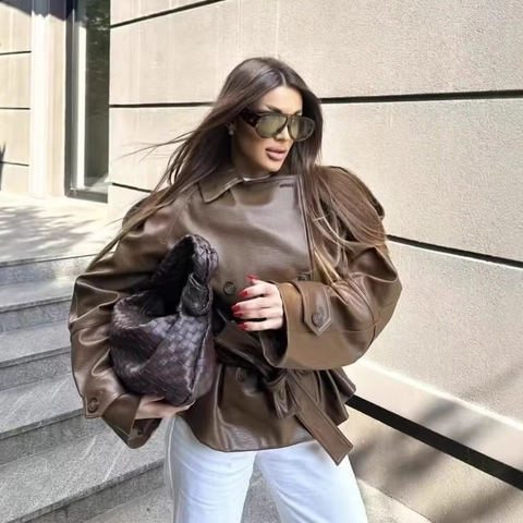 Dames Vintage Kunstleren Trenchcoat Double-breasted Kort Windjack Met Riem Bruin PU-Leer Lange Mouw Crop Coat