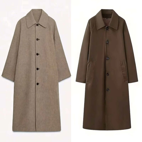 Women Reversible Plaid Long Trench Coat Polyester Lapel Button Overcoat For Autumn Winter Minimalist Casual Outerwear