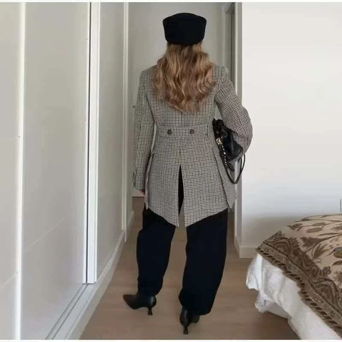 Dames Casual Hahnentritt Blazer Jas Double Breasted Asymmetrisch Medium Lengte Reverskraag Kantoor Polyester Pak Jas