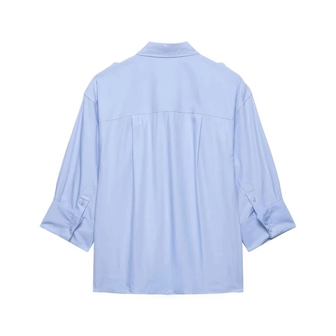 Women's Casual Light Blue Utility Shirt With Epaulettes Pocket Single Breasted Long Sleeve Blouse For Office Daily Wear