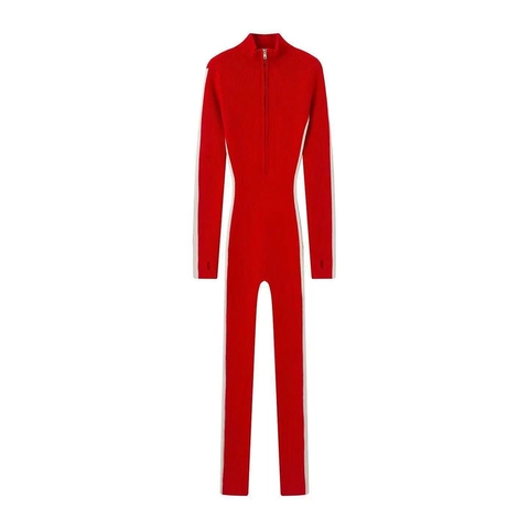 Damen Rippstrick Langarm Jumpsuit Halb Reißverschluss Bodycon Overall Mit Daumenlöchern Kontrast Seitenstreifen Sportanzug