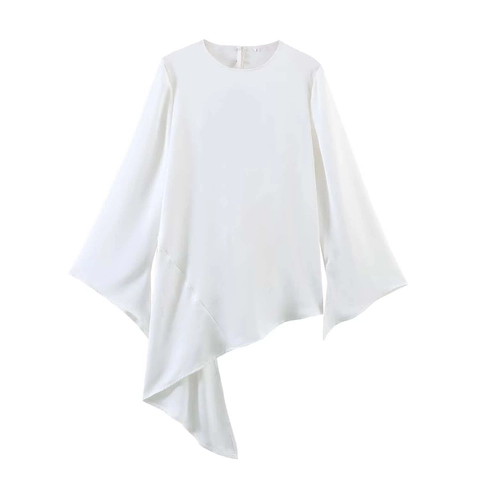 Sexy Chiffon Blouse met Open Rug voor Dames Ronde Hals Klokmouwen Asymmetrische Zoom Polyester Satijnen Shirt Witte Tops