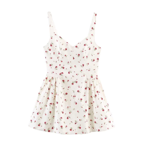 Women Elegant V Neck Sleeveless Floral Print Mini Dress Summer French Style Rose Print High Waist A Line Puffy Dress
