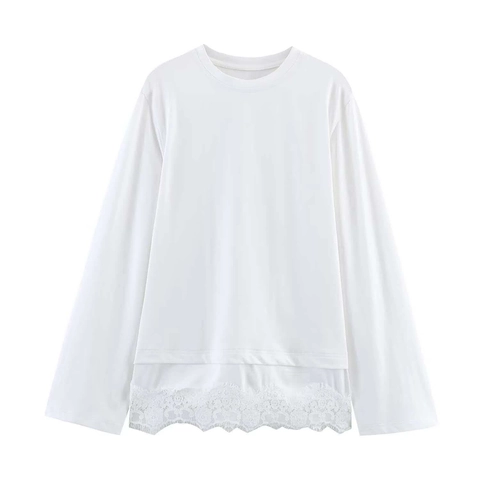 Damen Elegant Langarm T-Shirt Rundhalsausschnitt Einfarbig Spitzen-Spleißen Saum Lässig Mode Weiß Top