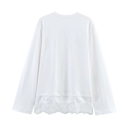 Damen Elegant Langarm T-Shirt Rundhalsausschnitt Einfarbig Spitzen-Spleißen Saum Lässig Mode Weiß Top