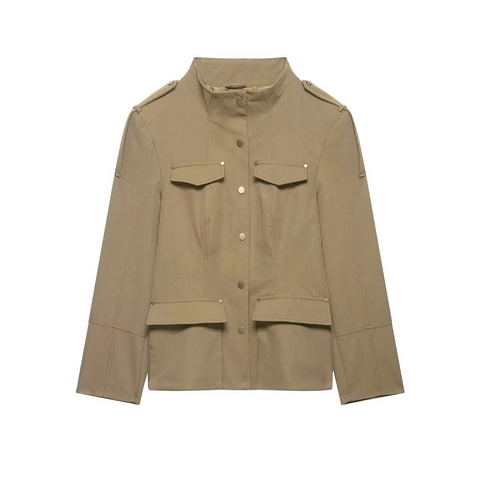 Chaqueta Utilitaria Caqui Casual para Mujer Cuello Alzado Manga Larga Ropa de Abrigo Color Sólido Ajuste Ceñido Con Bolsillos Charreteras