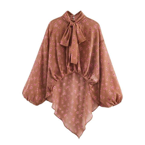 Damen Vintage Chiffon Blumenbluse Schluppenkragen Laternenärmel Langarm Braun Bedrucktes Hemd Lässig Asymmetrischer Saum Top