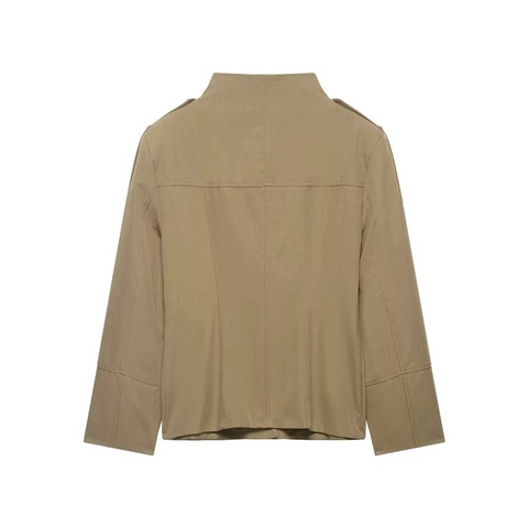 Chaqueta Utilitaria Caqui Casual para Mujer Cuello Alzado Manga Larga Ropa de Abrigo Color Sólido Ajuste Ceñido Con Bolsillos Charreteras