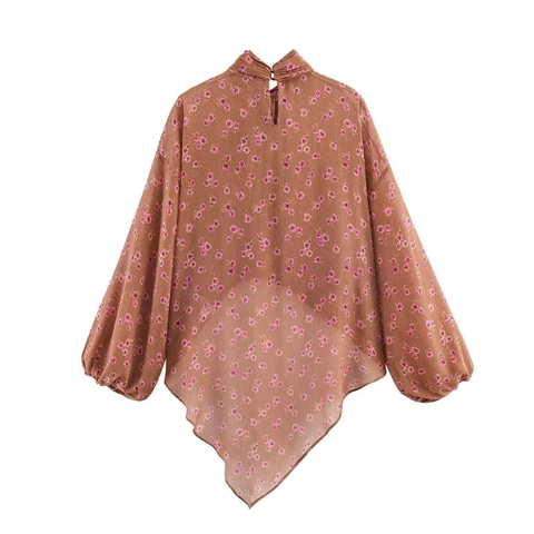Damen Vintage Chiffon Blumenbluse Schluppenkragen Laternenärmel Langarm Braun Bedrucktes Hemd Lässig Asymmetrischer Saum Top