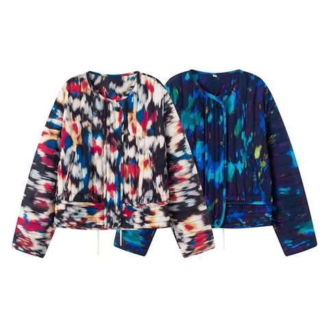 Chaqueta Acolchada de Algodón con Teñido Anudado Abstracto para Mujer Casual Cuello Redondo Botón de Presión Abrigo Corto Ligero