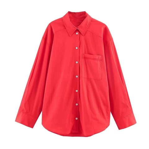 Women Retro Loose Red Shirt Drop Shoulder Long Sleeve Single Breasted Blouse With Chest Pocket Casual Office Commuter Tops