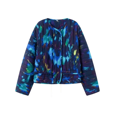 Chaqueta Acolchada de Algodón con Teñido Anudado Abstracto para Mujer Casual Cuello Redondo Botón de Presión Abrigo Corto Ligero