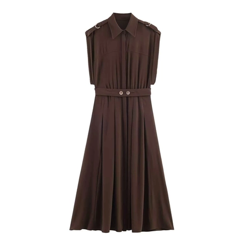 Damen Elegant Kaffee Ärmellos Hemdkleid Mit Gürtel Midi-Länge Umlegekragen Utility Stil Plissierter Saum Kleid