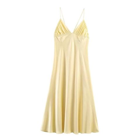 Γυναικείο Sexy Satin Πλισέ Midi Φόρεμα Λαιμόκοψη V Λεπτές Τιράντες Καλοκαίρι Αμάνικο Πάρτι Μονόχρωμο Εξώπλατο Φόρεμα