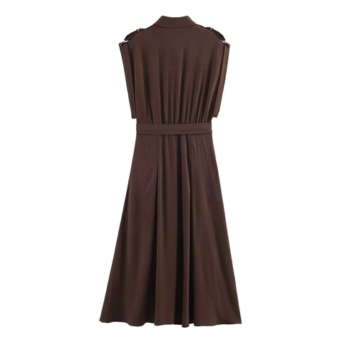 Damen Elegant Kaffee Ärmellos Hemdkleid Mit Gürtel Midi-Länge Umlegekragen Utility Stil Plissierter Saum Kleid