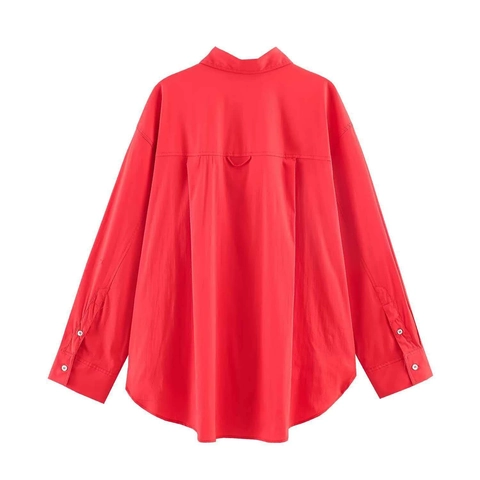 Women Retro Loose Red Shirt Drop Shoulder Long Sleeve Single Breasted Blouse With Chest Pocket Casual Office Commuter Tops