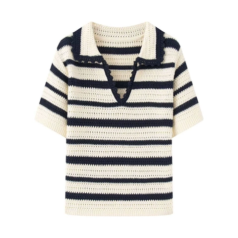 Women's Striped Polo Knit Top V-Neck Short Sleeve Crochet Hollow Out Contrast Striped Pullover Casual Vintage Sweater