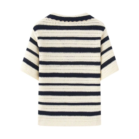 Women's Striped Polo Knit Top V-Neck Short Sleeve Crochet Hollow Out Contrast Striped Pullover Casual Vintage Sweater