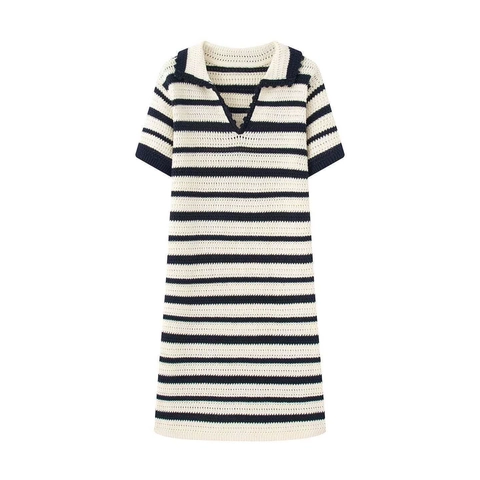 Vestido Mini Polo de Punto a Rayas Informal para Mujer Manga Corta Color de Contraste Cuello en V Ganchillo Verano