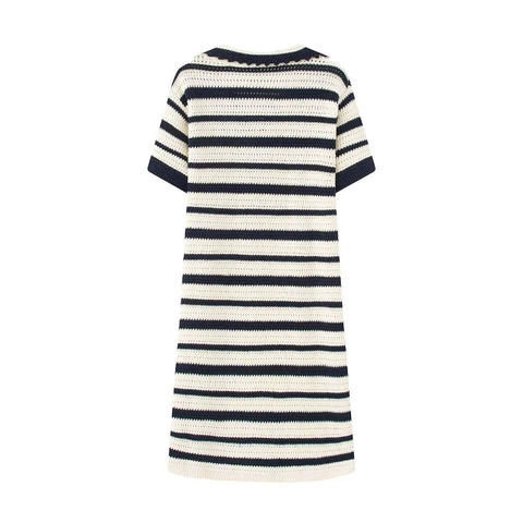 Vestido Mini Polo de Punto a Rayas Informal para Mujer Manga Corta Color de Contraste Cuello en V Ganchillo Verano