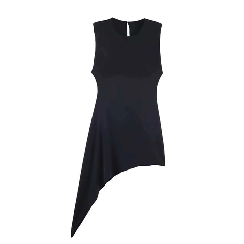 Damen Sexy Ärmellos Asymmetrischer Saum Midi Kleid Rundhals Slim Fit Bodycon Sommer Partykleid Einfarbig Elegant Schwarz