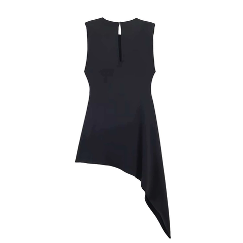 Damen Sexy Ärmellos Asymmetrischer Saum Midi Kleid Rundhals Slim Fit Bodycon Sommer Partykleid Einfarbig Elegant Schwarz