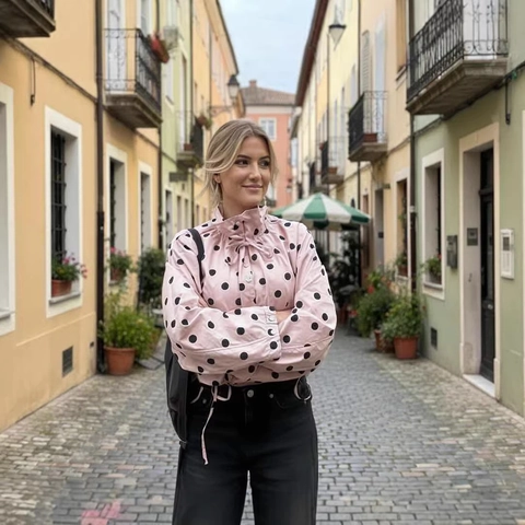 Giacca a Pois Casual da Donna Manica Lunga Collo in Piedi Orlo con Coulisse Giacca a Vento Larga Moda Autunno