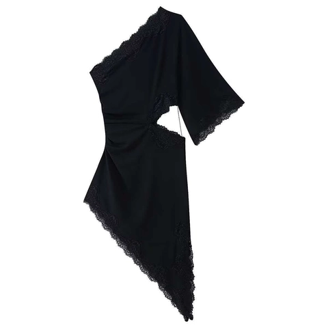 Women Sexy One Shoulder Lace Patchwork Midi Dress Solid Color Asymmetrical Cutout Ruched Slim Fit Party Dress Black