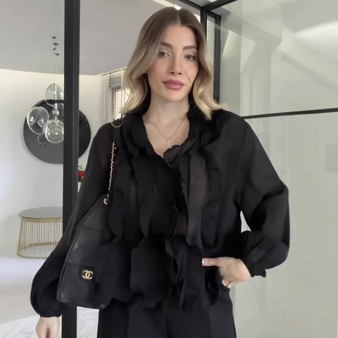 Women Elegant Ruffle Chiffon Blouse V Neck Layered Long Sleeve Solid Color Polka Dot Print Shirt Office Lady Commute Tops
