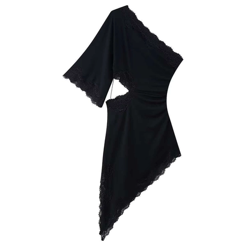 Women Sexy One Shoulder Lace Patchwork Midi Dress Solid Color Asymmetrical Cutout Ruched Slim Fit Party Dress Black