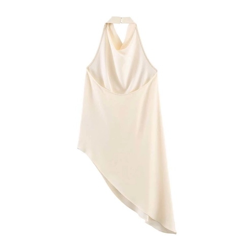 Top All'americana Asimmetrico Sexy da Donna in Raso con Scollo Drappeggiato Senza Maniche Senza Schienale Albicocca Estate Moda Pendolare