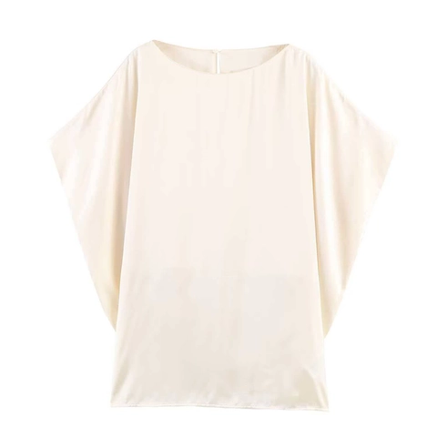 Women Elegant Satin Blouse Solid Color Round Neck Back Slit Short Sleeve Loose Fit Commute Summer Top