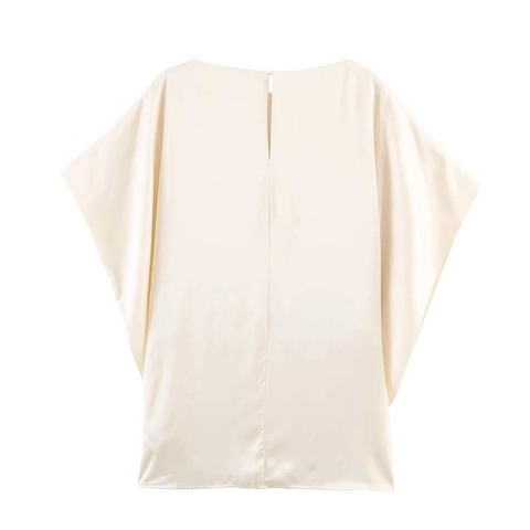 Women Elegant Satin Blouse Solid Color Round Neck Back Slit Short Sleeve Loose Fit Commute Summer Top
