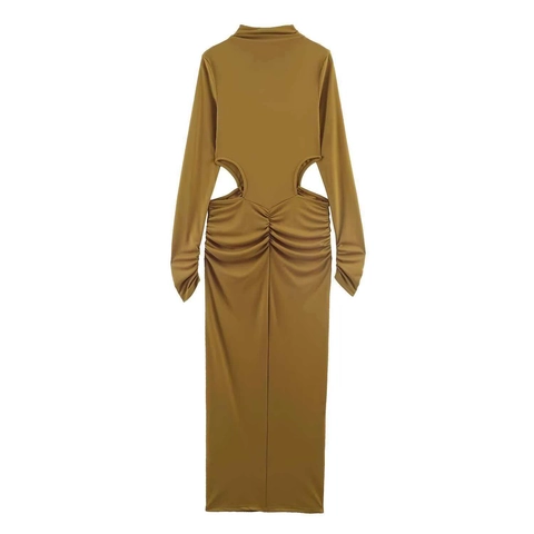 Women Sexy Long Sleeve Mock Neck Cut Out Ruched Bodycon Maxi Dress Solid Elegant Draped Evening Party Club Long Dress