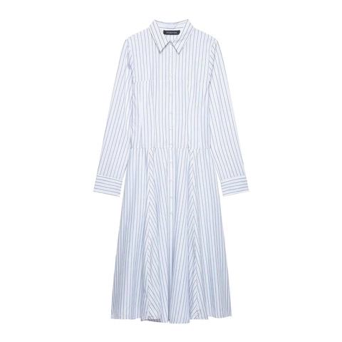 Women Elegant Blue White Vertical Striped Long Sleeve Shirt Midi Dress Pleated A-Line Single Breasted Casual Office Fashion Dress