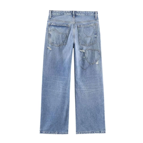 Women Casual High Waist Heart Distressed Denim Jeans Light Blue Washed Straight Leg Raw Hem Streetwear Trouser