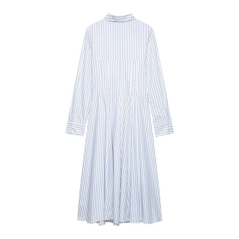 Women Elegant Blue White Vertical Striped Long Sleeve Shirt Midi Dress Pleated A-Line Single Breasted Casual Office Fashion Dress