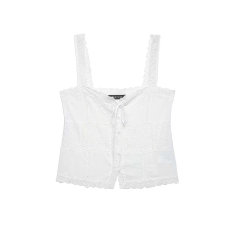 Vintage French Style White Lace Camisole For Women Summer Embroidery Sleeveless Tank Top With Front Buttons And Bow Tie
