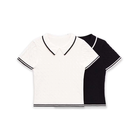 Women's Casual Cable Knit Short Sleeve Polo Shirt Contrast Stripe Trim Slim Fit Summer Knitwear Top For Daily Wear