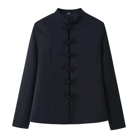 Veste Noire Femme Nouveau Style Chinois Rétro Col Montant Bouton Brandebourg Coupe Cintrée Manteau Élégant Manches Longues