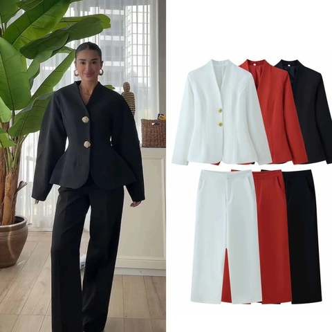 Women Peplum Blazer Wide Leg Pants Suit Long Sleeve V Neck Professional Commute Office Attire With Gold Buttons Solid Color