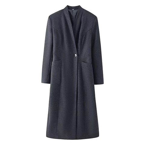 Elegant Minimalist Women Long Woolen Coat Solid Charcoal Grey Single Button Pocket V-Neck Autumn Winter Outerwear Jacket