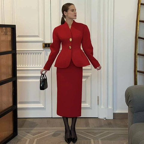 Women Peplum Blazer Wide Leg Pants Suit Long Sleeve V Neck Professional Commute Office Attire With Gold Buttons Solid Color
