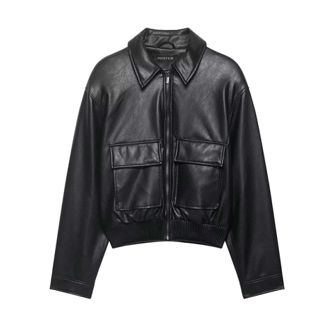 Chaqueta Bomber de Cuero Sintético Casual para Mujer Negro Manga Larga Abrigo Corto Con Grandes Bolsillos Dobladillo Acanalado Moda